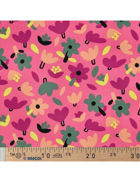Tissu popeline de coton Jennifer Bouron - Fleurs verte sur fond rose