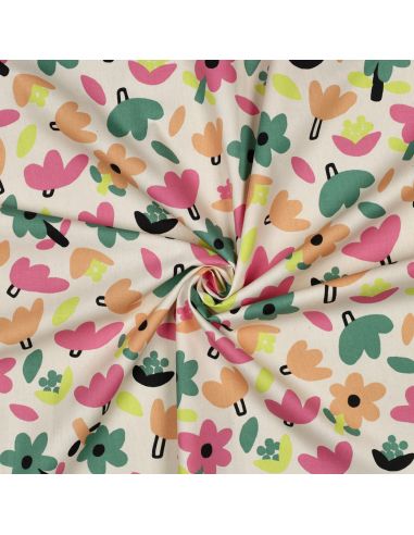 Tissu popeline de coton Jennifer Bouron - Fleurs rose sur fond écru