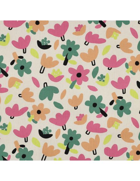 Tissu popeline de coton Jennifer Bouron - Fleurs rose sur fond écru