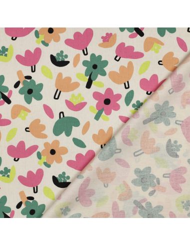 Tissu popeline de coton Jennifer Bouron - Fleurs rose sur fond écru