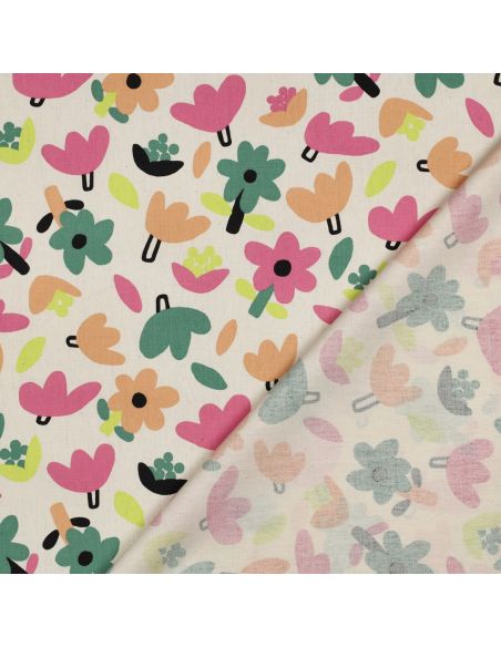 Tissu popeline de coton Jennifer Bouron - Fleurs rose sur fond écru
