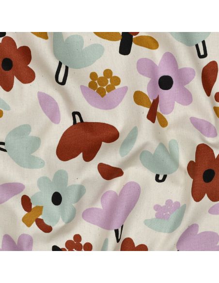 Tissu popeline de coton Jennifer Bouron - Fleurs marron sur fond écru