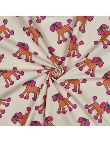 Tissu popeline de coton Jennifer Bouron - Chiens rose sur fond naturel