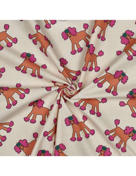 Tissu popeline de coton Jennifer Bouron - Chiens rose sur fond naturel