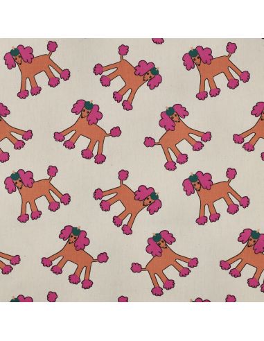 Tissu popeline de coton Jennifer Bouron - Chiens rose sur fond naturel