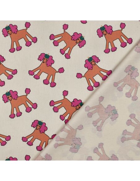 Tissu popeline de coton Jennifer Bouron - Chiens rose sur fond naturel
