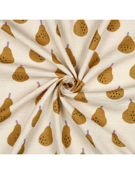 Tissu double gaze imprimé - Poires ocre sur fond naurel