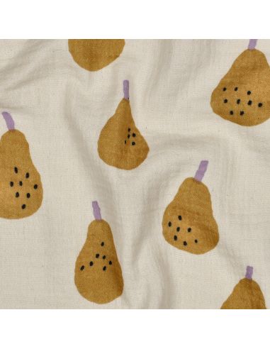 Tissu double gaze imprimé - Poires ocre sur fond naurel