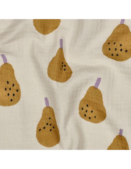 Tissu double gaze imprimé - Poires ocre sur fond naurel