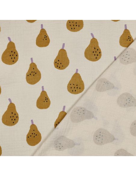 Tissu double gaze imprimé - Poires ocre sur fond naurel