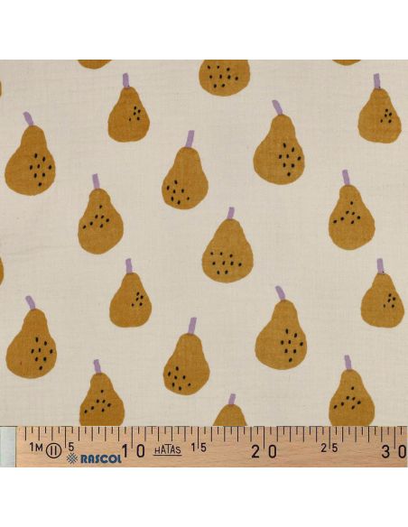 Tissu double gaze imprimé - Poires ocre sur fond naurel
