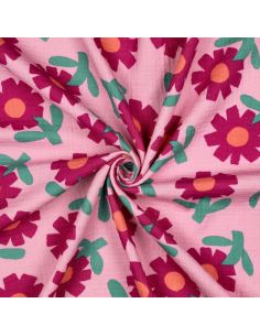 Tissu double gaze imprimé Jennifer Bouron - Fleurs fushia sur fond rose