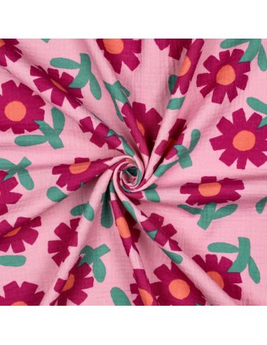 Tissu double gaze imprimé Jennifer Bouron - Fleurs fushia sur fond rose