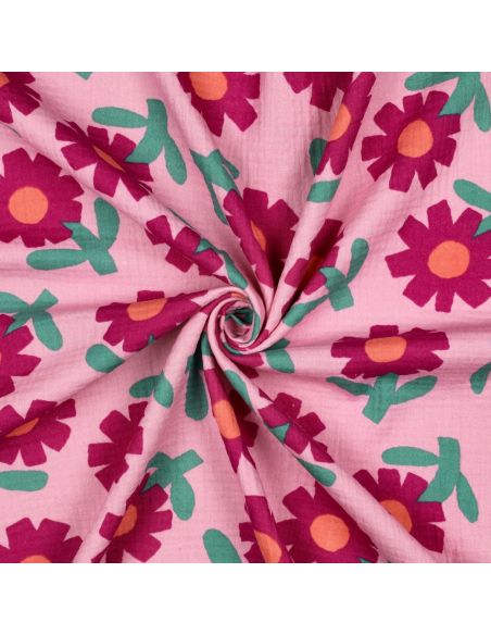 Tissu double gaze imprimé Jennifer Bouron - Fleurs fushia sur fond rose