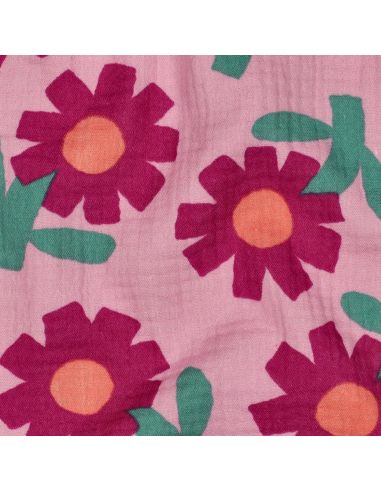 Tissu double gaze imprimé Jennifer Bouron - Fleurs fushia sur fond rose