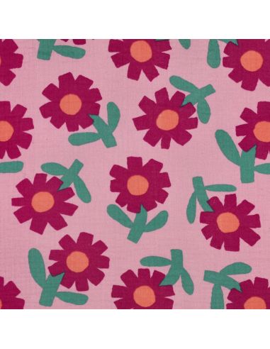 Tissu double gaze imprimé Jennifer Bouron - Fleurs fushia sur fond rose