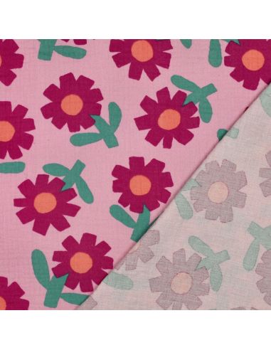 Tissu double gaze imprimé Jennifer Bouron - Fleurs fushia sur fond rose