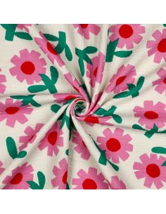 Tissu double gaze imprimé Jennifer Bouron - Fleurs roses sur fond naturel