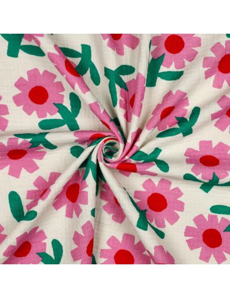 Tissu double gaze imprimé Jennifer Bouron - Fleurs roses sur fond naturel