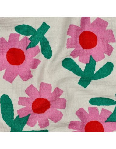 Tissu double gaze imprimé Jennifer Bouron - Fleurs roses sur fond naturel