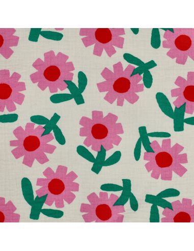 Tissu double gaze imprimé Jennifer Bouron - Fleurs roses sur fond naturel