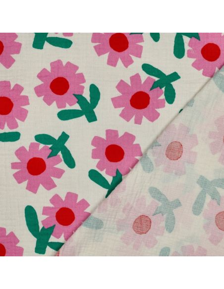 Tissu double gaze imprimé Jennifer Bouron - Fleurs roses sur fond naturel