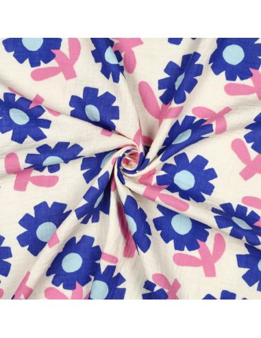 Tissu double gaze imprimé Jennifer Bouron - Fleurs bleues sur fond naturel