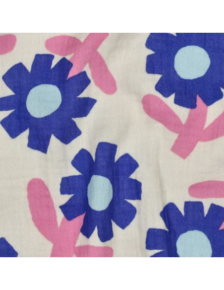 Tissu double gaze imprimé Jennifer Bouron - Fleurs bleues sur fond naturel