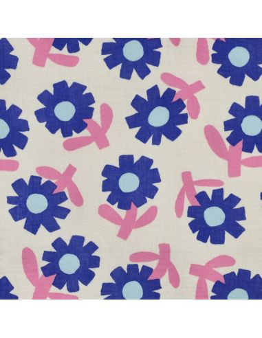 Tissu double gaze imprimé Jennifer Bouron - Fleurs bleues sur fond naturel