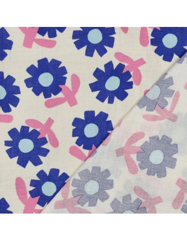 Tissu double gaze imprimé Jennifer Bouron - Fleurs bleues sur fond naturel