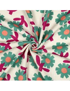 Tissu double gaze imprimé Jennifer Bouron - Fleurs vertes sur fond naturel