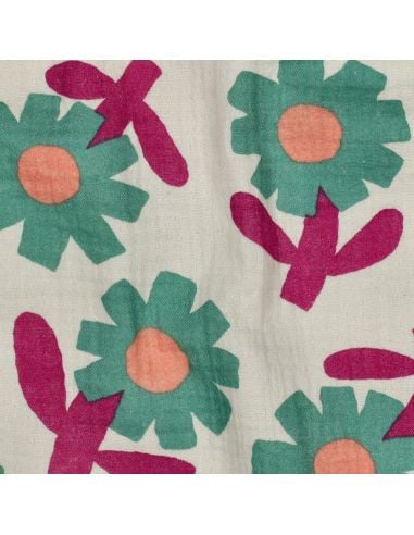 Tissu double gaze imprimé Jennifer Bouron - Fleurs vertes sur fond naturel