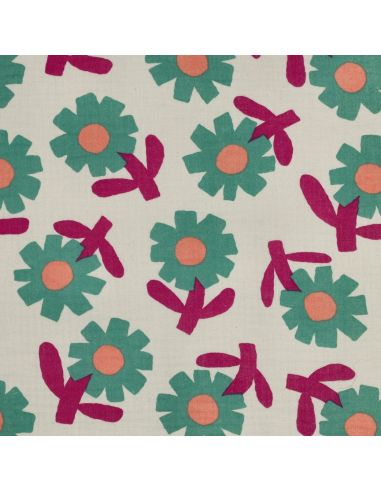 Tissu double gaze imprimé Jennifer Bouron - Fleurs vertes sur fond naturel
