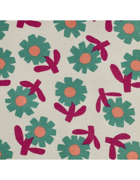 Tissu double gaze imprimé Jennifer Bouron - Fleurs vertes sur fond naturel