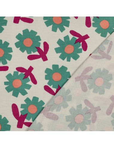 Tissu double gaze imprimé Jennifer Bouron - Fleurs vertes sur fond naturel