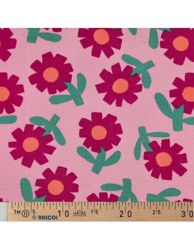 Tissu double gaze imprimé Jennifer Bouron - Fleurs fushia sur fond rose