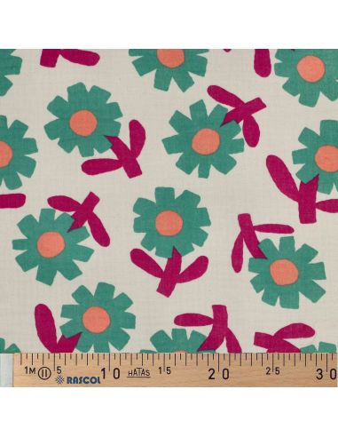 Tissu double gaze imprimé Jennifer Bouron - Fleurs vertes sur fond naturel