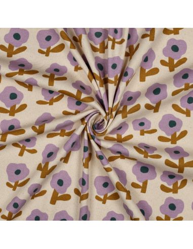 Tissu jersey coton maille côtelé Jennifer Bouron - Fleurs parme sur fond naturel