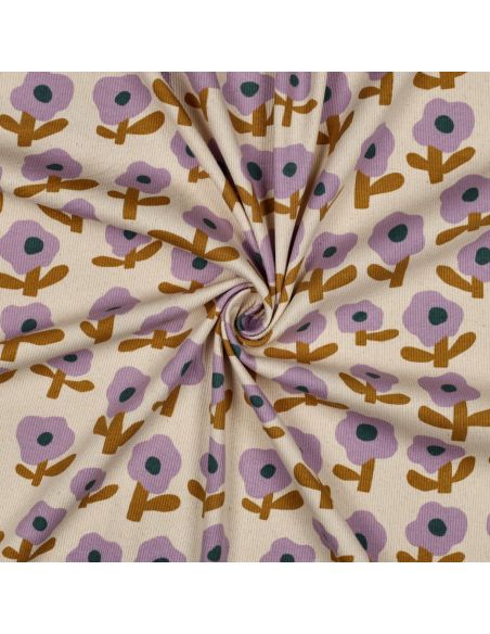 Tissu jersey coton maille côtelé Jennifer Bouron - Fleurs parme sur fond naturel