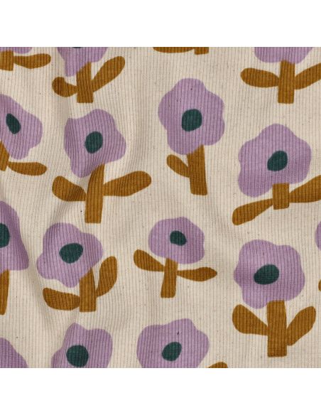 Tissu jersey coton maille côtelé Jennifer Bouron - Fleurs parme sur fond naturel