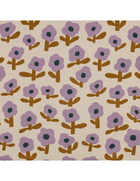 Tissu jersey coton maille côtelé Jennifer Bouron - Fleurs parme sur fond naturel