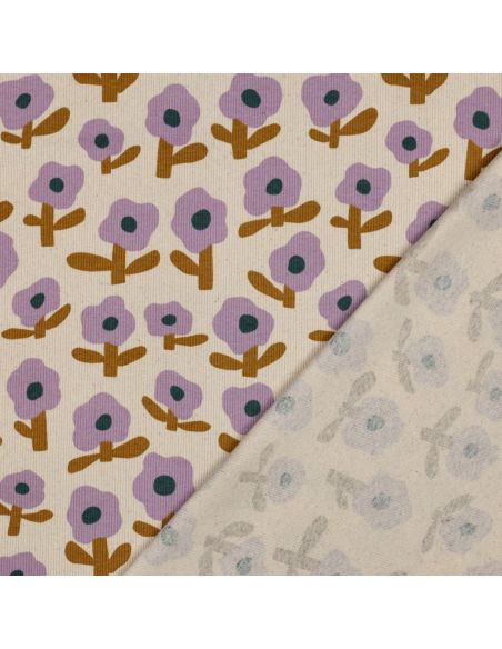 Tissu jersey coton maille côtelé Jennifer Bouron - Fleurs parme sur fond naturel