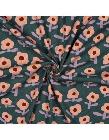 Tissu jersey coton maille côtelé Jennifer Bouron - Fleurs pêche sur fond vert