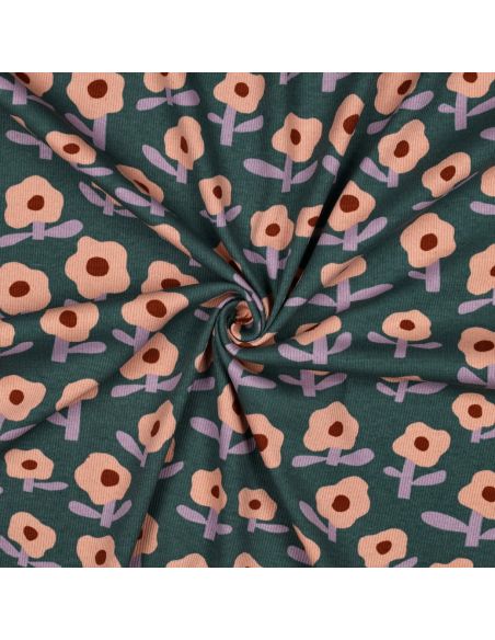 Tissu jersey coton maille côtelé Jennifer Bouron - Fleurs pêche sur fond vert