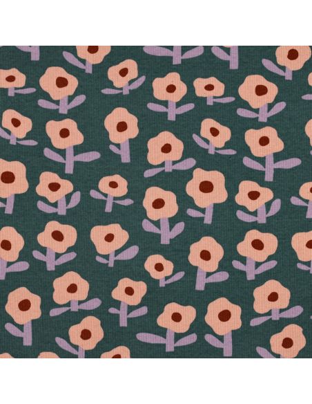 Tissu jersey coton maille côtelé Jennifer Bouron - Fleurs pêche sur fond vert