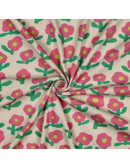 Tissu jersey coton maille côtelé Jennifer Bouron - Fleurs roses sur fond naturel