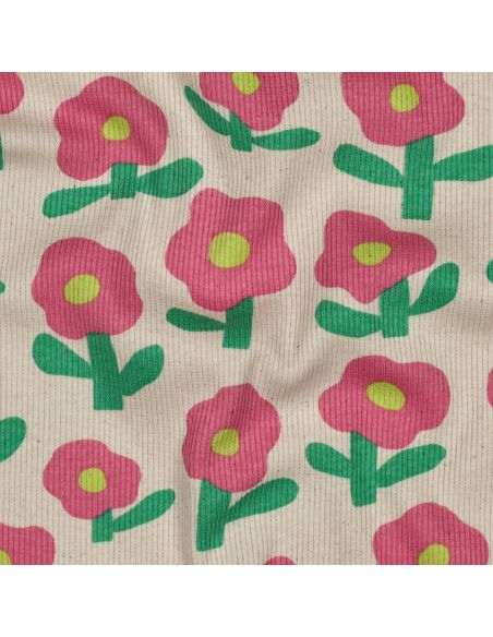 Tissu jersey coton maille côtelé Jennifer Bouron - Fleurs roses sur fond naturel