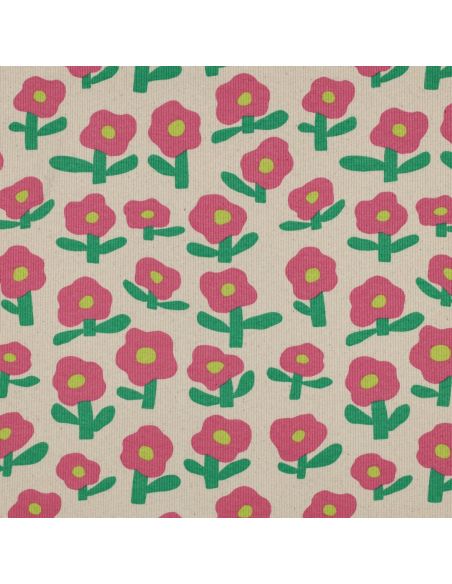 Tissu jersey coton maille côtelé Jennifer Bouron - Fleurs roses sur fond naturel
