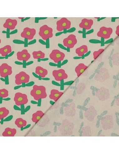 Tissu jersey coton maille côtelé Jennifer Bouron - Fleurs roses sur fond naturel