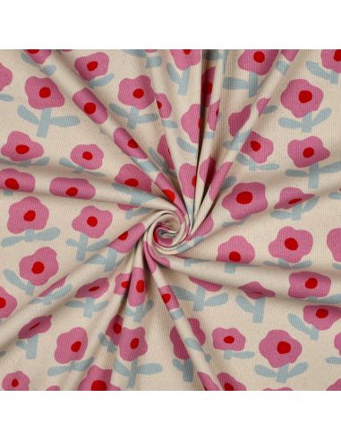 Tissu jersey coton maille côtelé Jennifer Bouron - Fleurs roses sur fond naturel